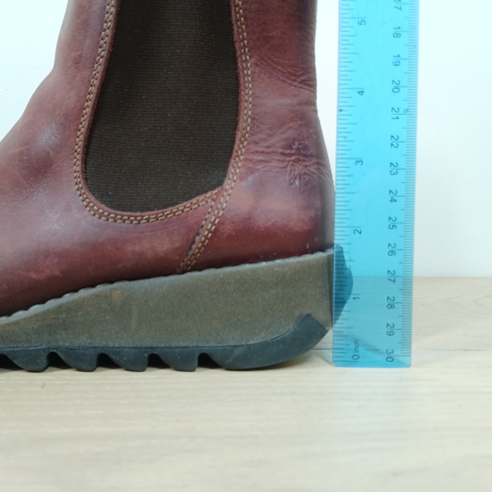 Fly London Ankle Boots Women's 7-7.5 /38 Burgundy Rug Leather Chelsea Wedge - Picture 3 of 12